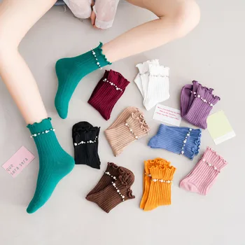 Весенне-осенние Новые Носки Женские Японские Милые Хлопчатобумажные носки с деревянным Жемчугом в Ушах, Удобные носки японской моды