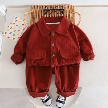 Весенне-осенний комплект одежды для маленьких мальчиков, корейский однотонный вельветовый однобортный кардиган, куртки, брюки, Детский костюм, детская одежда