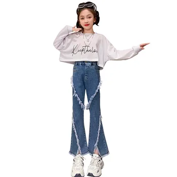 Весенние джинсы 2023 года с кисточками для девочек-подростков, Джинсовый материал, Брюки с разрезом и высокой талией, Расклешенные брюки, Детская одежда для девочек