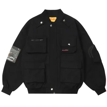 Винтажная куртка-карго на молнии с несколькими карманами, Мужская Функциональная Стильная Свободная бейсбольная куртка Оверсайз, топ для мужчин
