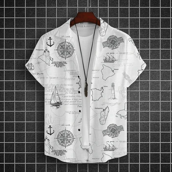 Винтажная мужская рубашка с 3D принтом парусной лодки, мужская одежда, Летний Повседневный высококачественный топ с коротким рукавом, Гавайская пляжная толстовка