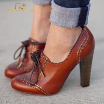 Винтажные туфли-Оксфорды на высоком каблуке со шнуровкой цвета Сепии, женские туфли на массивном блочном каблуке Большого размера 15 16