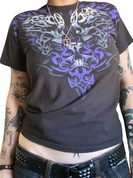 Винтажные футболки с изображением черепа в стиле панк, женская футболка Оверсайз с коротким рукавом Y2K Fairy Grunge, эстетичный укороченный топ