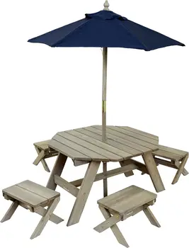 Восьмиугольный стол, Табуретки и набор зонтиков, детская уличная мебель 2019, серое и темно-синее дерево