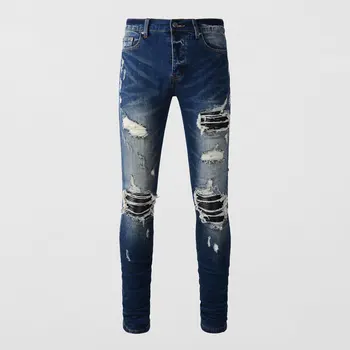 Высокие Уличные модные Мужские джинсы в стиле Ретро, Синие Эластичные эластичные обтягивающие Рваные джинсы, Мужские кожаные дизайнерские брюки в стиле хип-хоп с заплатками