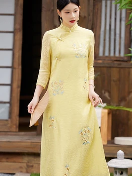 Высококачественное Весенне-летнее Женское Ципао в китайском стиле, Элегантное тонкое женское платье с вышивкой в стиле ретро, Чонсам, женский размер S-XXL