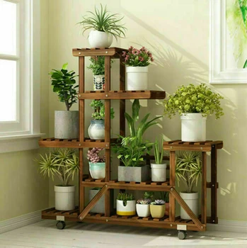 Деревянная подставка для растений с колесами, многослойная стеллаж для цветов, Передвижной стеллаж для хранения, держатель для