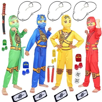 Детский Уличный костюм ниндзя для Косплея для мальчиков и девочек, 5 цветов, Красный, Желтый, Синий, Зеленый, Черный, комбинезон, комплект для Хэллоуина, Рождественской вечеринки