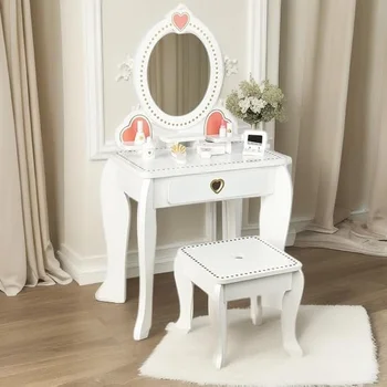 Детский туалетный столик WoodenEdu с зеркалом и табуреткой, Косметический столик для макияжа и набор стульев для малышей и малышей, белый