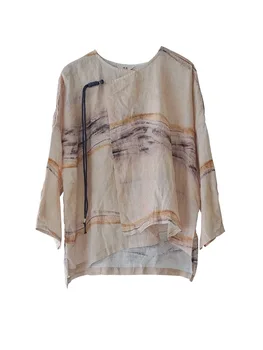 Дизайн льняной рубашки с винтажным принтом чернилами в китайском стиле, Нерегулярный диагональный ленточный топ