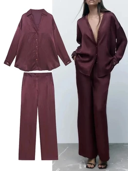 Женская атласная пижама из 2 предметов, Винно-красная Свободная рубашка с длинным рукавом и V-образным вырезом на одной пуговице + Широкие брюки с высокой талией, домашний костюм