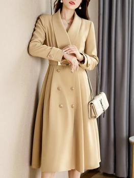 Женская ветровка с длинными рукавами, Весна-осень 2023, пальто цвета Хаки с V-образным вырезом, Модный женский тренч средней длины высокого класса