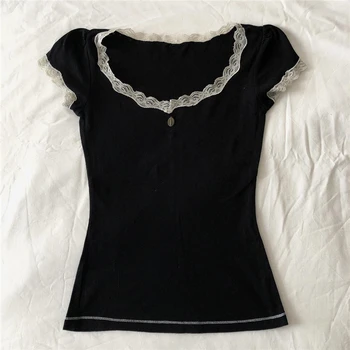 Женская кружевная футболка Dourbesty, Черная футболка, облегающий укороченный Топ с длинным рукавом, y2k, 2000s, 90s, Милые повседневные футболки, Эстетическая Гранжевая Одежда