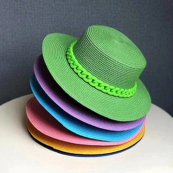 Женская летняя шляпа, зеленая, желтая, фиолетовая соломенная шляпа, широкополая соломенная шляпа, корейская версия, модная сетчатая красная цепочка, пляжная шляпа от солнца, прилив