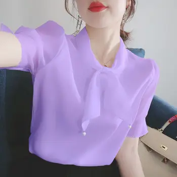 Женская рабочая рубашка, шифоновая рубашка с короткими рукавами и бантом, летние топы, офисные шифоновые рубашки