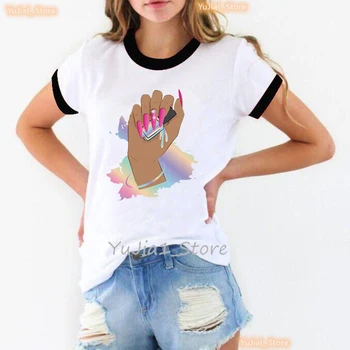 Женская футболка, Индивидуальность, Дизайн ногтей, Футболка с принтом, Веселая Летняя Футболка в стиле Харадзюку с коротким рукавом, Модная Женская футболка 90-х, Топы, Уличная Одежда