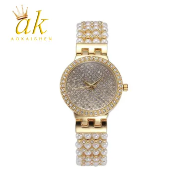 Женские Наручные часы с Жемчугом Кварц из настоящего золота в стиле хип-хоп