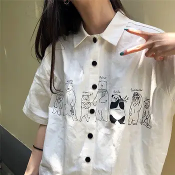 Женские рубашки с коротким рукавом, винтажная милая белая блузка с мультяшным принтом, повседневная летняя корейская мода 2023, свободные уличные топы