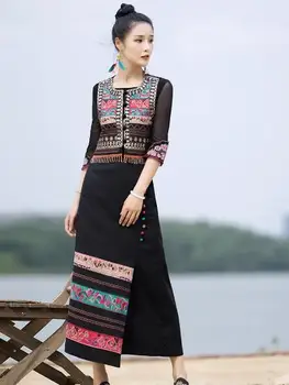 Женский комплект юбок в китайском этническом стиле, ретро-черные ягодицы, обернутые хлопковой льняной вышивкой в один шаг