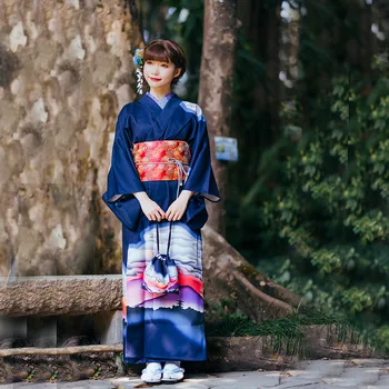 Женское Японское Традиционное Кимоно, Винтажное Длинное платье, Красивый синий цвет, Классический костюм для Косплея Юката, платье для выступлений