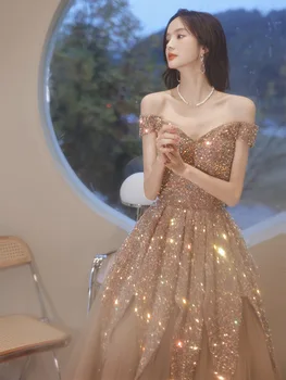 Женское вечернее платье с золотыми блестками, бальное платье со шнуровкой и открытой спиной, тюлевые вечерние платья длиной до пола