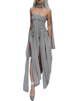 Женское мини-платье без бретелек, летняя повязка с завязками, облегающее платье-труба с рюшами, пляжная уличная одежда, эстетичная одежда