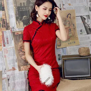 Женское платье с коротким рукавом, кружевным разрезом по низу, китайское платье-чонсам, облегающее платье миди для банкета, сексуальная винтажная женская одежда