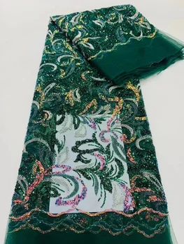 Зеленая новейшая африканская кружевная ткань с блестками 2023, Высококачественная сетчатая ткань с вышивкой бисером, 5 ярдов для женщин, свадебное платье для вечеринки