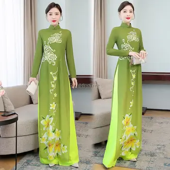 Зеленое тонкое вьетнамское платье aodai с длинным рукавом, женские традиционные китайские винтажные элегантные комплекты ципао, топ + брюки, азиатское шифоновое платье