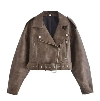 Зимняя куртка Женская 2023, Женская куртка Поло с воротником из искусственной кожи, Мотоциклетная модная короткая однотонная куртка на молнии