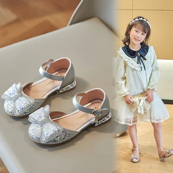 Золотисто-серебряные детские стеклянные туфельки; обувь на высоком каблуке для девочек; сандалии; детская кожаная обувь принцессы от 3 до 12 лет для свадебной вечеринки