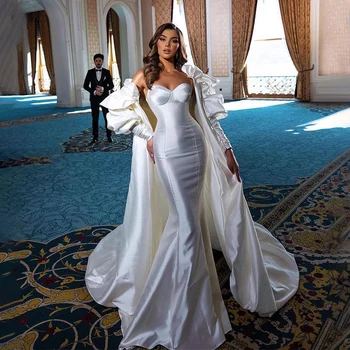 Изысканное Атласное свадебное платье Русалки с Длинными Пышными рукавами, Свадебные платья Vestidos De Novia Robe De Mariée