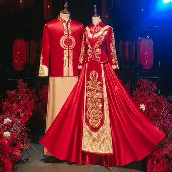 Изысканное Атласное свадебное платье с вышивкой бисером, традиционный китайский халат Ципао для невесты