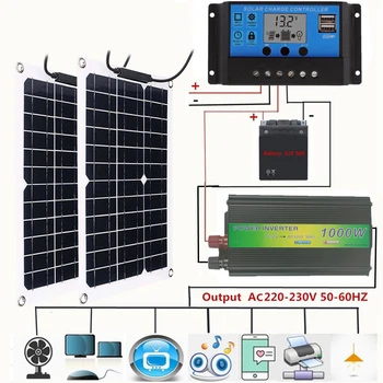 Инверторная солнечная панель мощностью 1000 Вт, полный комплект автомобильного зарядного устройства 12V на открытом воздухе с контроллером зарядного устройства 30-60 А, Генерация электроэнергии, Домашняя сеть, лагерь