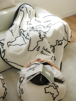 Карта черно-белое двустороннее бархатное одеяло с половинным краем, вязаное полотенце для дивана с кроличьим ворсом, одеяло