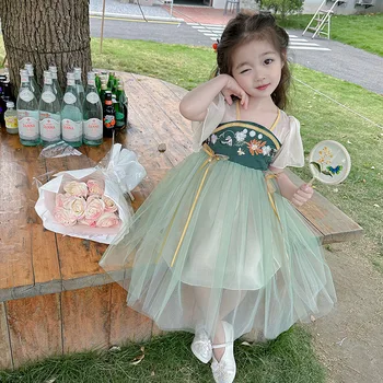 Китайский стиль 2023, Летнее новое детское винтажное платье с цветочным рисунком, цельное платье в стиле ретро для детей, одежда