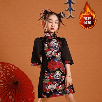 Китайское платье принцессы черного цвета с принтом, традиционный костюм Чонсам для девочек Hanfu Tang, Новогодний наряд, подарок на день рождения