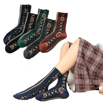 Классические Женские хлопчатобумажные носки, винтажные носки с цветочным рисунком, Весенне-осенне-зимние Теплые носки с этническим принтом, Ретро Средний носок в виде трубки