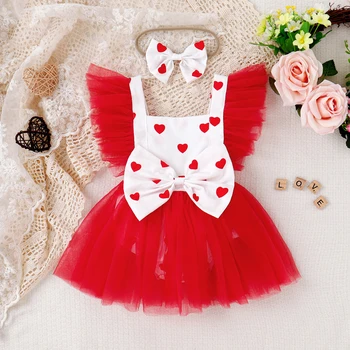 Комбинезон для маленьких девочек, фатиновое платье трапециевидной формы в стиле пэчворк с квадратным вырезом и принтом в виде сердца, с повязкой на голове бантом