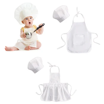 Комплект из 2 предметов, милый детский фартук шеф-повара и шляпа, детский белый костюм повара для фотосъемки, реквизит для фотосессии, Шляпа, фартук для новорожденных, одежда для фотосессии