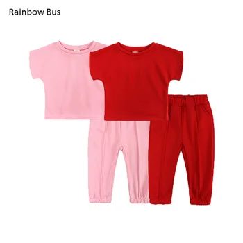 Комплект одежды для маленьких девочек, летний корейский однотонный топ с короткими рукавами, Длинные брюки, одежда из двух предметов, хлопковая футболка, спортивные школьные брюки, костюм