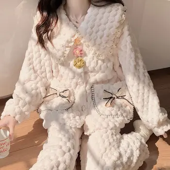 Комплект пижам из кораллового флиса, женская милая осенне-зимняя одежда с длинными рукавами, свободная утолщенная скатерть для лица, домашняя одежда для сна