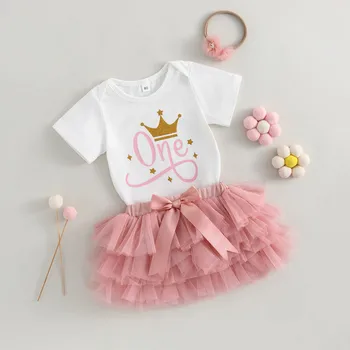 Комплекты юбок для новорожденных девочек, Летняя одежда 2023, Белое Боди с коротким рукавом и Надписью 
