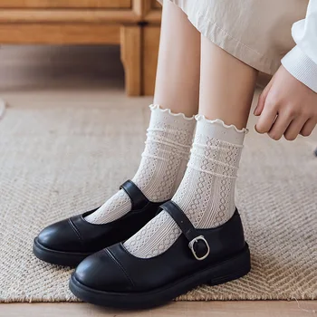 Корейские модные Женские носки, Летние Тонкие Сетчатые Дышащие Свободные Длинные Носки, Однотонные носки JK Lolita Для девочек, Милые носки с оборками