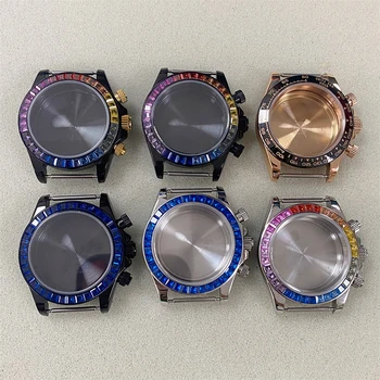 Корпус часов 39 мм 3ATM Черного стального цвета с бриллиантами, украшенный синим безелем для часового механизма VK63, Аксессуары для часов