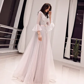Красивое вечернее платье С вышивкой цветами, бисером, Свадебные вечерние платья с расклешенными рукавами, вечернее платье с V-образным вырезом на шнуровке с кристаллами