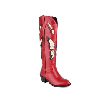 Красные сапоги до колена с принтом бабочки, женская обувь из матовой кожи с острым носком на массивном каблуке, Пикантные туфли 2023 Zapatos Para Mujere