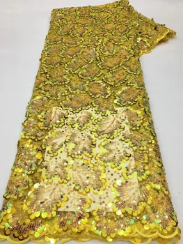 Кружевная ткань с пайетками в Нигерийском стиле, Желтое Высококачественное Кружево, Африканское Кружево, Французский тюль, Кружевные ткани с вышивкой пайетками для вечернего платья