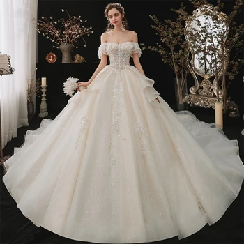 Кружевное Платье с аппликацией из бисера с длинным рукавом, Великолепное Бальное платье, Свадебное платье Vestido De Noiva Princesa