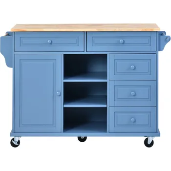 Кухонная тележка с рабочим столом из каучукового дерева, Подвижный кухонный остров с выдвижными ящиками, синий